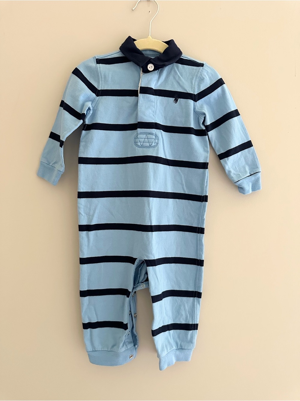 Polo Ralph Lauren Baby Striped Cotton Rugby Coverall, Size 12M, Light Blue/Navy